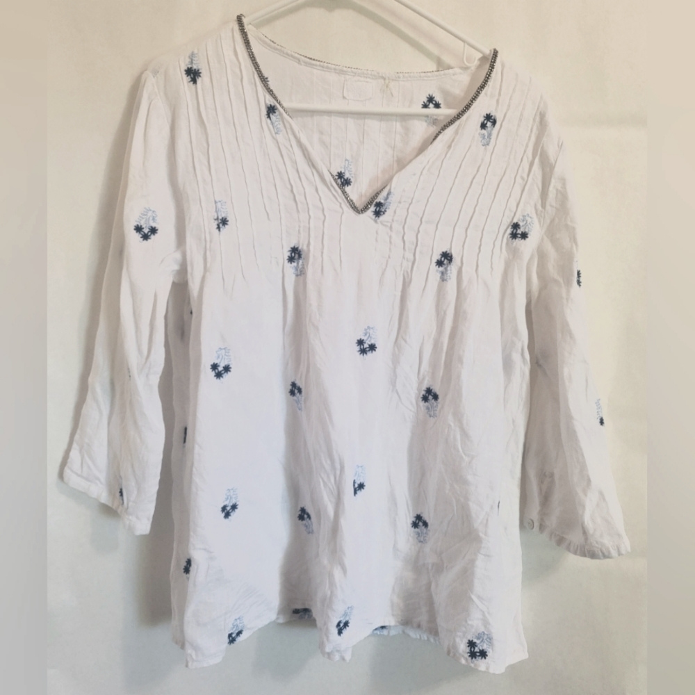 Symple NYC Embroidered 100% Linen Tunic White Blue Boho With Beaded Collar
